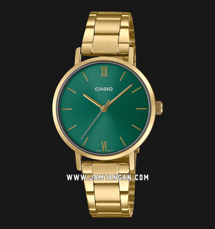 Casio General LTP-VT02G-3AUDF Ladies Green Dial Gold Stainless Steel Strap