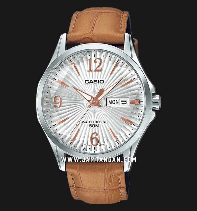Casio MTP-E120LY-7AVDF Enticer Men Analog Silver Dial Tan Leather Strap