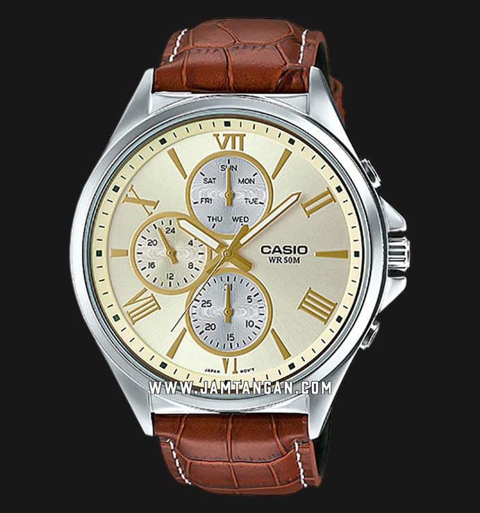Casio MTP-E316L-9AVDF Enticer Men Analog Gold Dial Brown Leather Strap