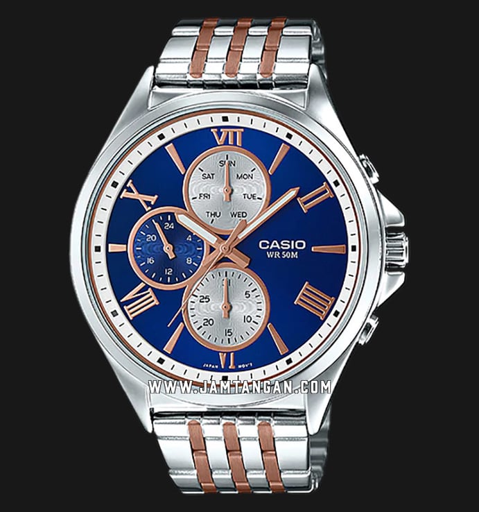 Casio MTP-E316RG-2AVDF Enticer Men Analog Blue Dial Dual Tone Stainless Steel Strap