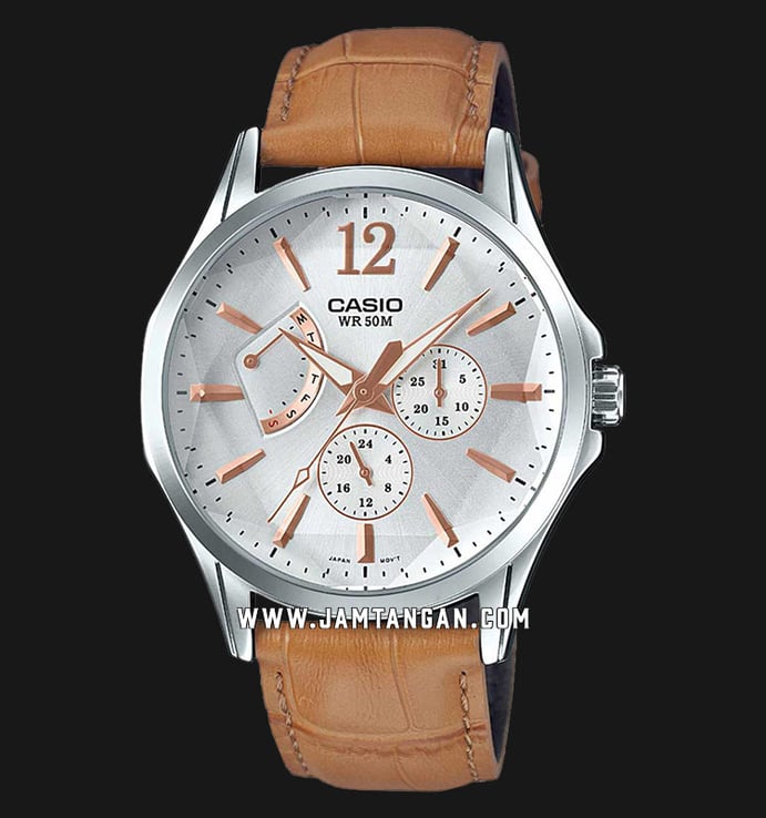 Casio MTP-E320LY-7AVDF Enticer Men Analog Silver Dial Tan Leather Strap