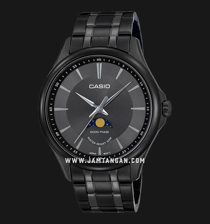 Casio General MTP-M100B-1AVDF Men Moon Phase Black Dial Black Stainless Steel Band