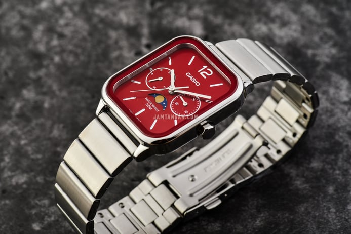 Casio General MTP-M305D-4AVDF Men Moon Phase Red Dial Stainless Steel Band