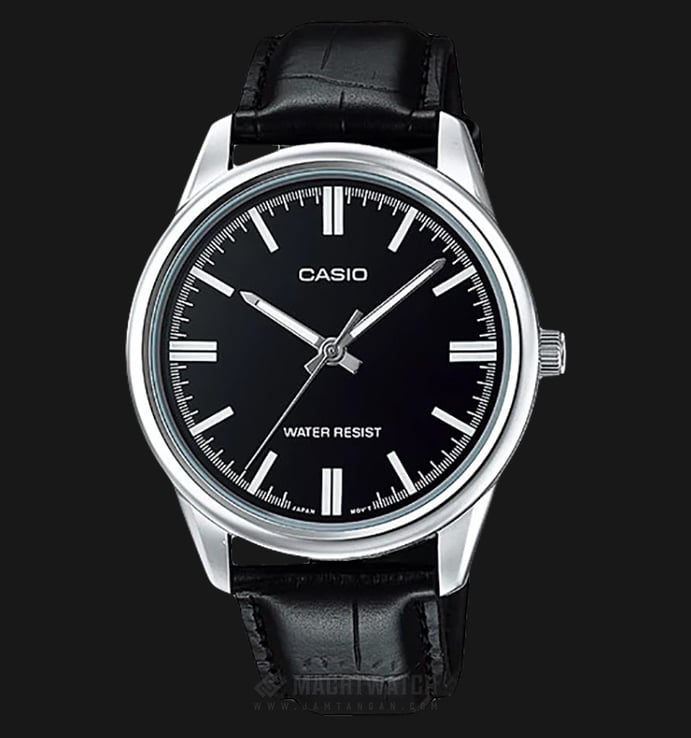 Casio MTP-V005L-1AUDF Black Dial Ion Plated Black Leather Strap