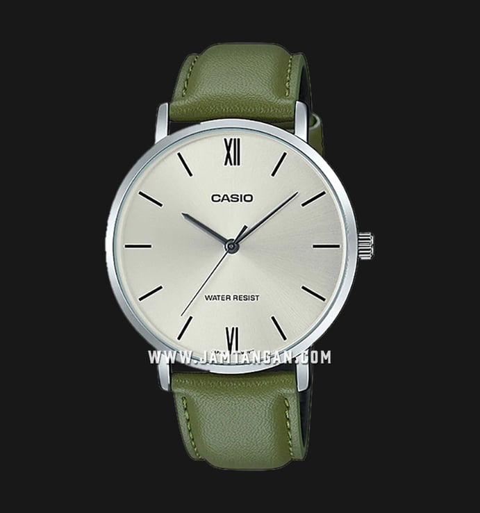 Casio General MTP-VT01L-3BUDF Silver Dial Green Leather Band