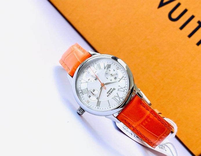 Casio Sheen SHE-3049L-7AUDR Ladies Silver Dial Orange Leather Strap
