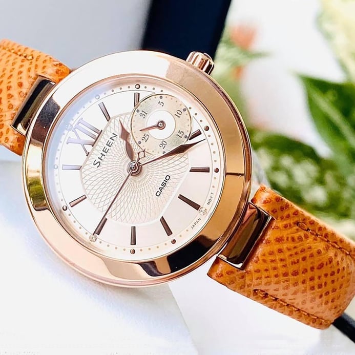 Casio Sheen SHE-3051PGL-7AUDF Ladies Rose Gold Dial Orange Leather Strap