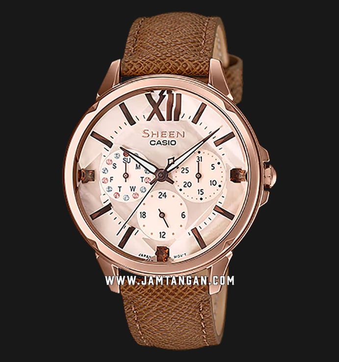 Casio Sheen SHE-3056PGL-7AUDF Rose Gold Dial Brown Leather Strap