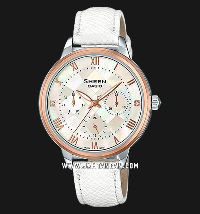 Casio Sheen SHE-3057PGL-7AUDR Mother of Pearl Dial White Leather Strap