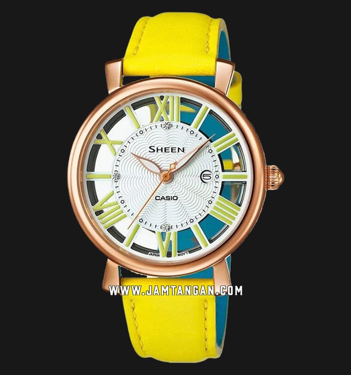 Casio Sheen SHE-4047PGL-9AUDR Ladies Silver Dial Yellow Leather Strap