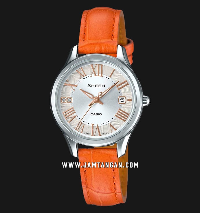 Casio Sheen SHE-4050L-7AUDR Ladies Silver Dial Orange Leather Strap