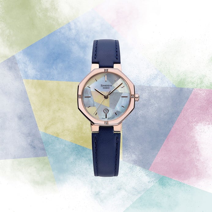 Casio Sheen SHE-4543CGL-2AUDF Iridescent Shimmer Of Mother Of Pearl Dial Blue Leather Band