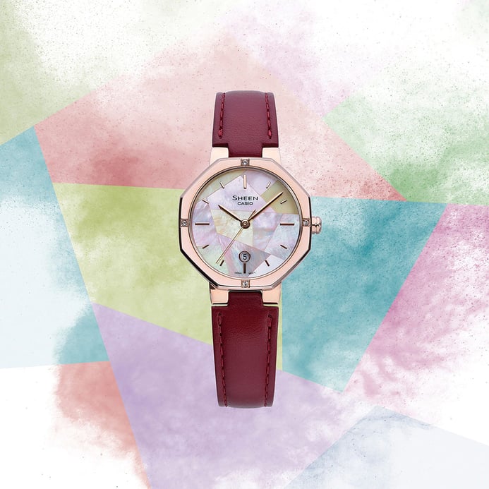Casio Sheen SHE-4543CGL-4AUDF Iridescent Shimmer Of Mother Of Pearl Dial Red Leather Band