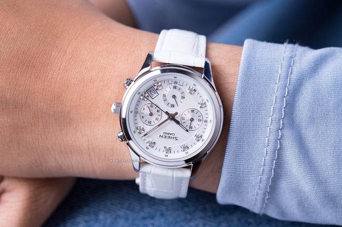 Casio Sheen SHE-5023L-7ADR Chronograph Silver Dial White Leather Strap