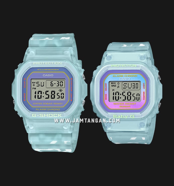Casio G-Shock Couple SLV-21B-2DR Summer Series Digital Dial Light Blue Transparent Watch Resin Strap