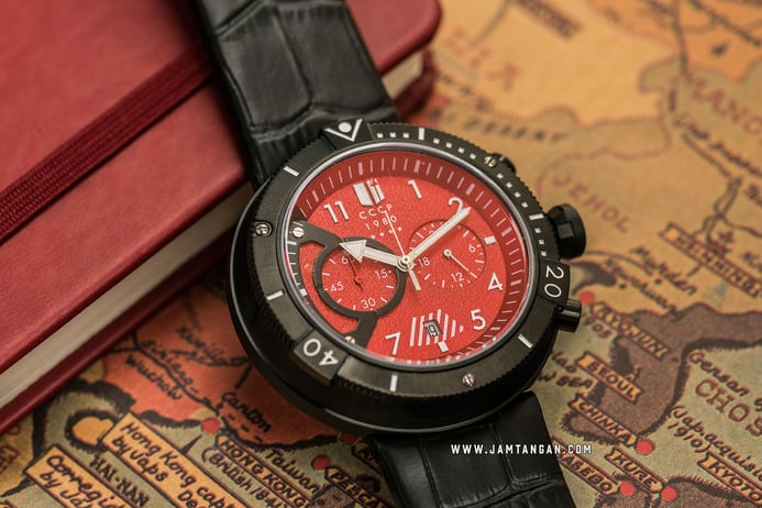 CCCP Kashalot Submarine CP-7005-04 Chronograph Men Red Dial Black Leather Strap