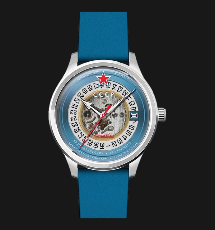 CCCP Tsiolkovksky CP-7080-02 Automatic Semi Skeleton Dial Blue Leather Strap