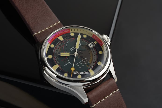 CCCP Leonov CP-7099-01 Automatic Men Green Map Dial Dark Brown Leather Strap Limited Edition