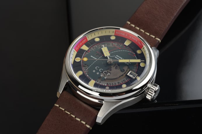 CCCP Leonov CP-7099-01 Automatic Men Green Map Dial Dark Brown Leather Strap Limited Edition