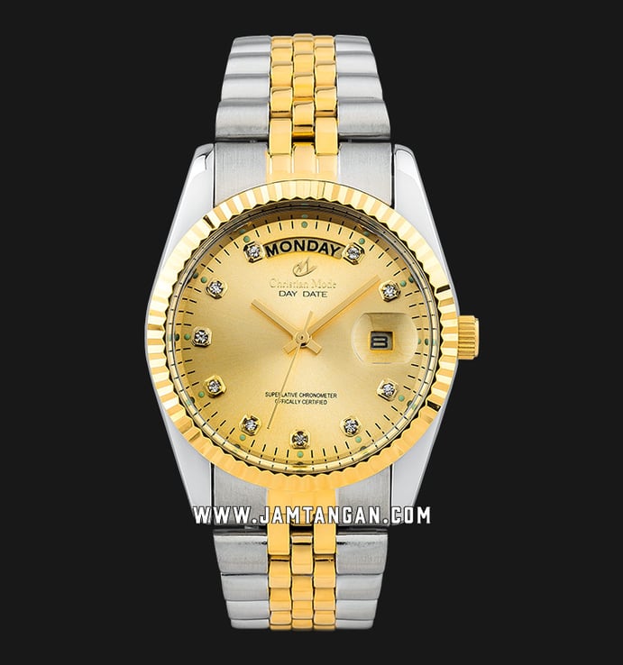 Christian Mode CM330CB-M Day Date Chronometer Gold Dial Dual Tone Stainless Steel Strap