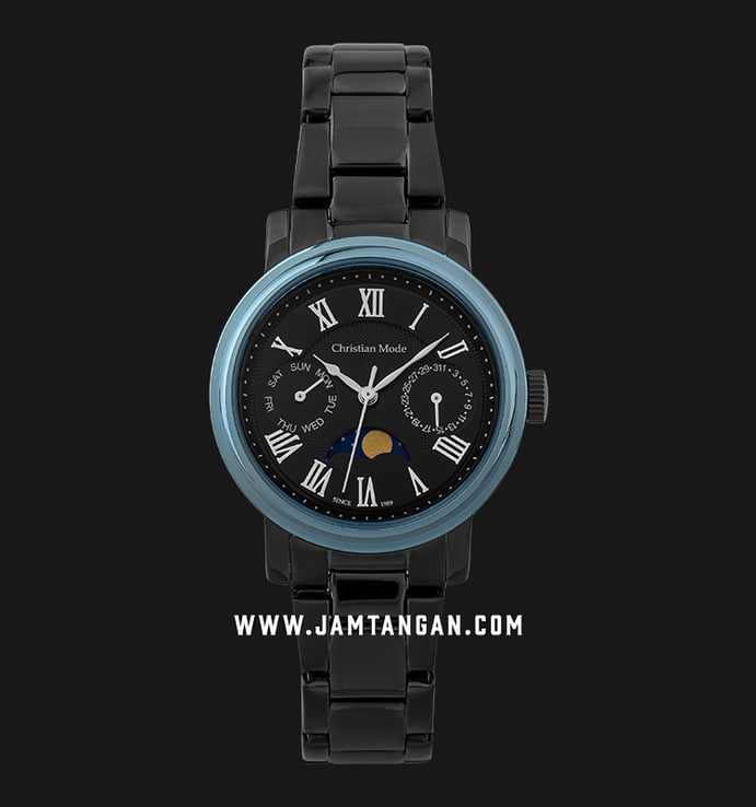 Christian Mode CM401BUBB-L Moonphase Blue Dial Black Stainless Steel Strap