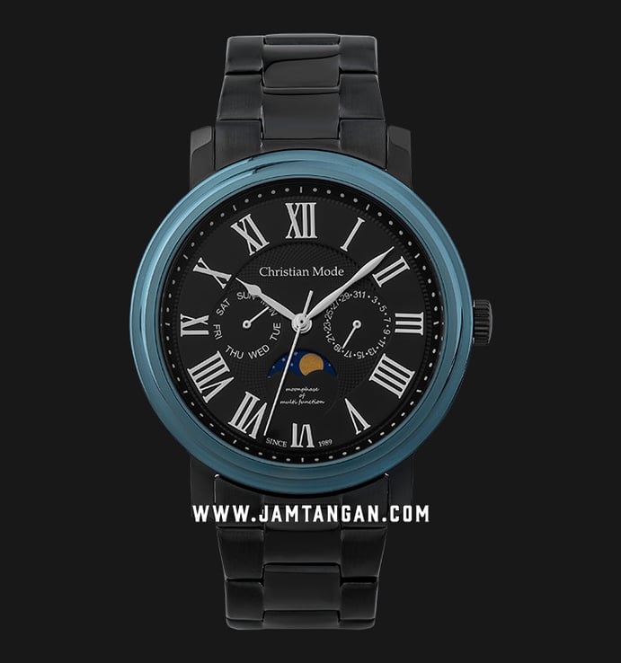 Christian Mode CM401BUBB-M Moonphase Blue Dial Black Stainless Steel Strap