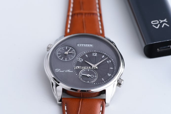 Citizen Classic AO3030-16H Dual Time Men Grey Dial Brown Leather Strap