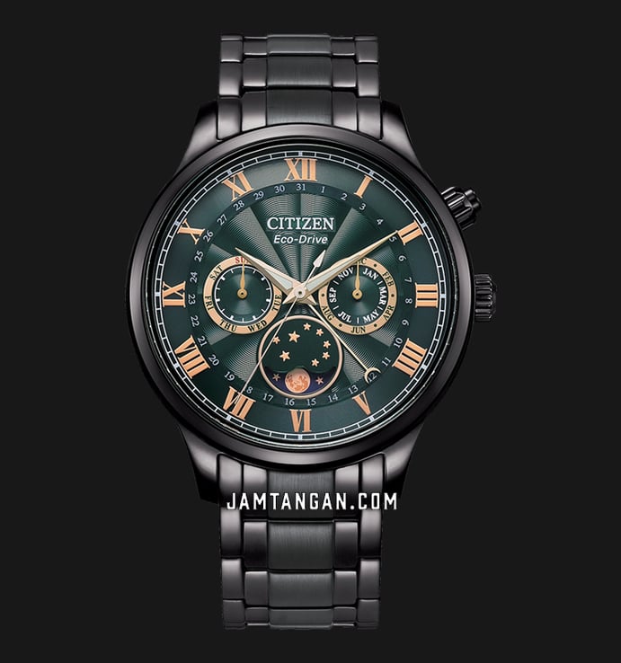 Citizen Eco Drive AP1055-87X Men Multifunction Moon Phase Green Dial Black Stainless Steel Strap