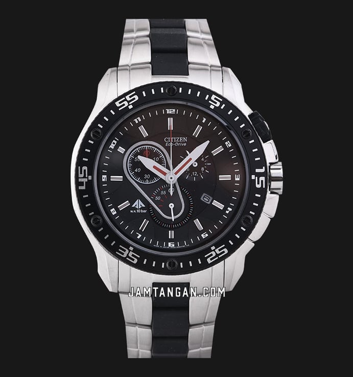 Citizen Promaster AT0700-53E Eco-Drive Chronograph Black Dial Dual Tone Stainless Steel Strap