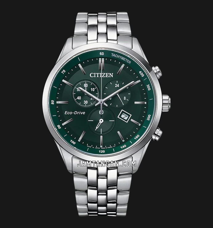Citizen Eco-Drive AT2149-85X Chronograph Men Green Dial Stainless Steel Strap