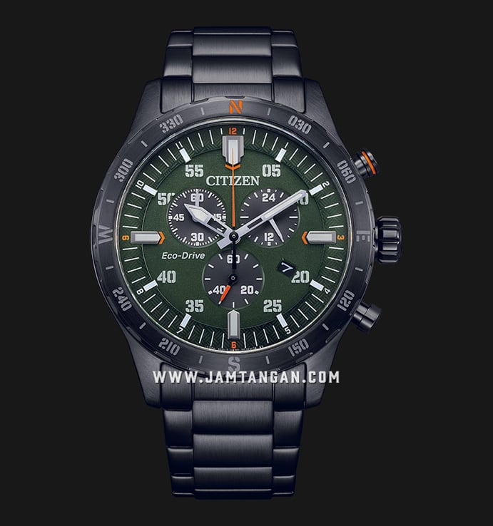Citizen Eco Drive AT2527-80X Chronograph Green Dial Black Stainless Steel Strap