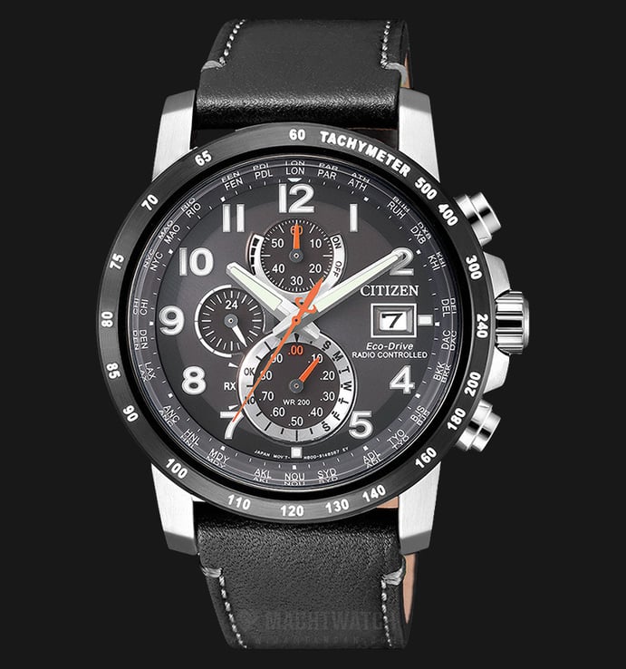 Citizen AT8124-08H Eco-Drive Radio Controlled Chronograph Men Black Dial Black Leather Strap