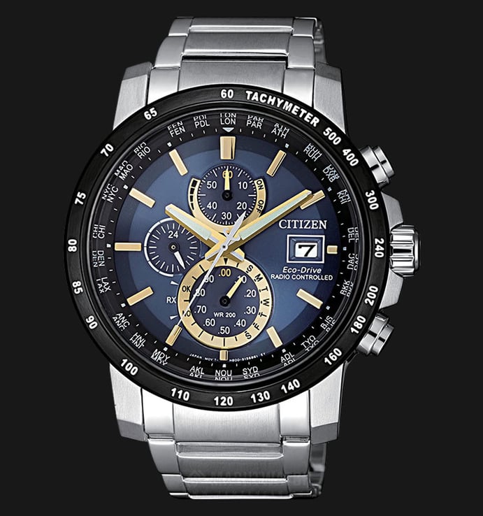 Citizen AT8124-83M Ecodrive Radio Controlled Chronograph Men Blue Dial Stainless Steel Strap