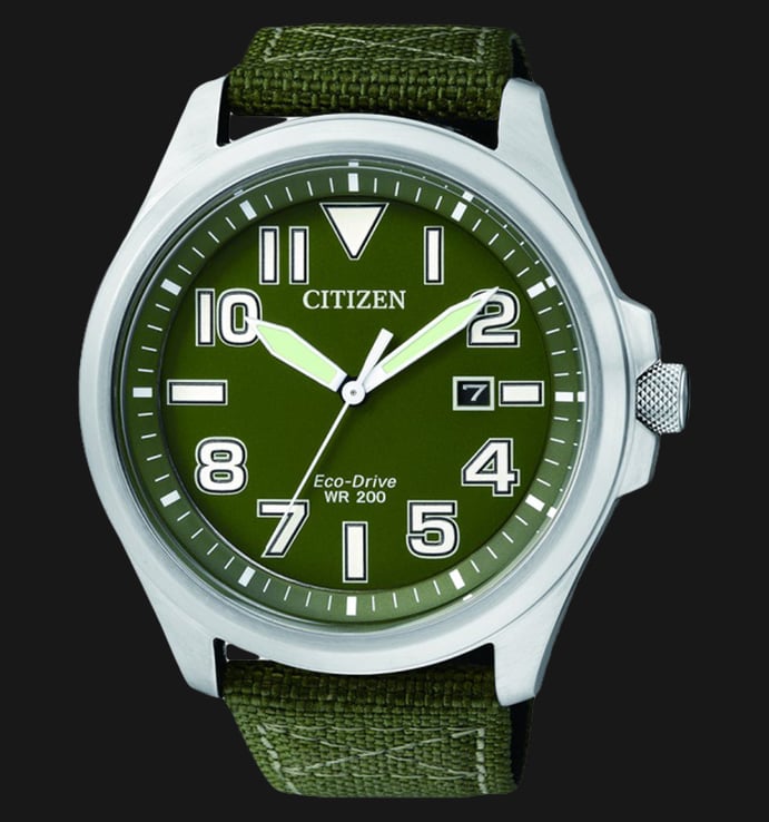 Citizen Eco-Drive AW1410-32X Men Military WR 200M Green Dial Green Nylon Strap