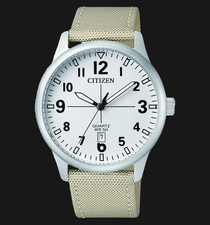 Citizen BI1050-05A Vintage Quartz Watch White Dial Stainless Steel Case Nylon Strap