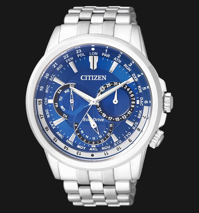 Citizen BU2021-69L Eco-Drive Calendrier World Time Men Blue Dial Stainless Steel Strap
