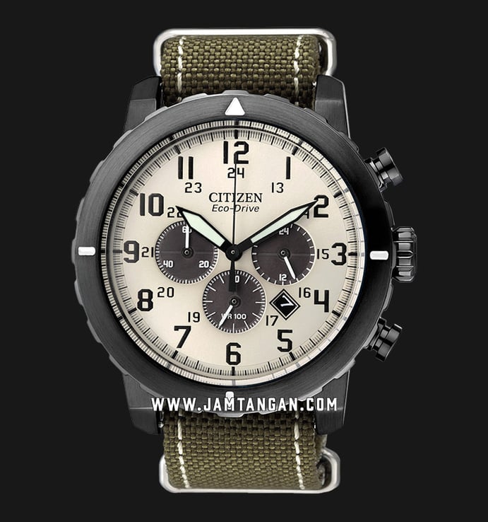 Citizen Eco Drive CA4095-04H Military Chronograph Ivory Dial Army Green Nylon Strap