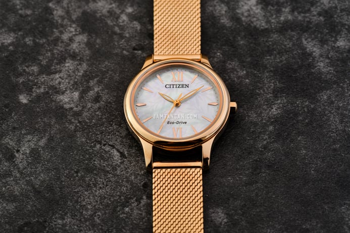 Citizen Eco Drive EM0892-80D Ladies Mother Of Pearl Dial Rose Gold Mesh Strap