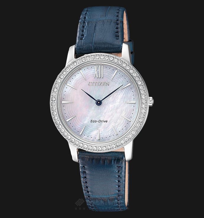 Citizen EX1480-15D Eco-Drive Swarovski Ladies Mother of Pearl Dial Blue Leather Strap
