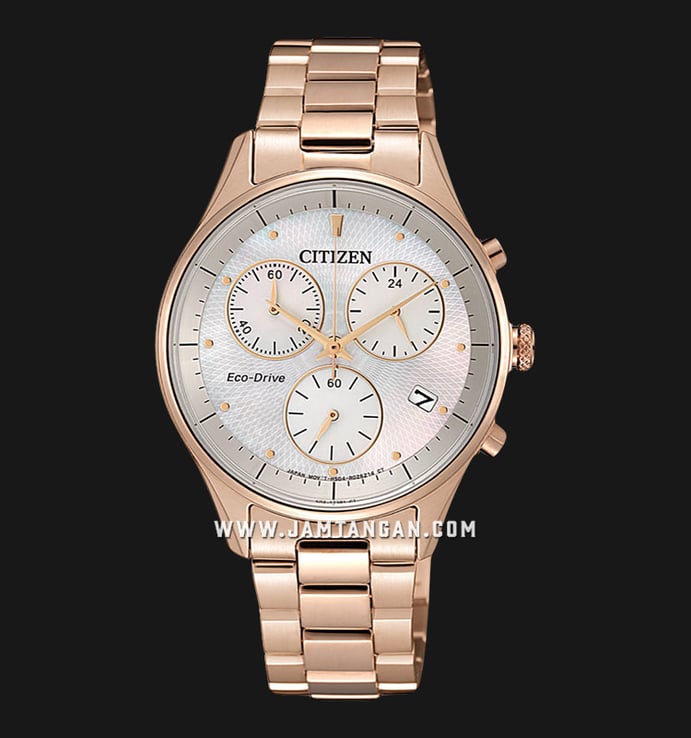 Citizen Eco-Drive FB1442-86D Chronograph Ladies Mother of Pearl Dial Rose Gold Stainless Steel Strap