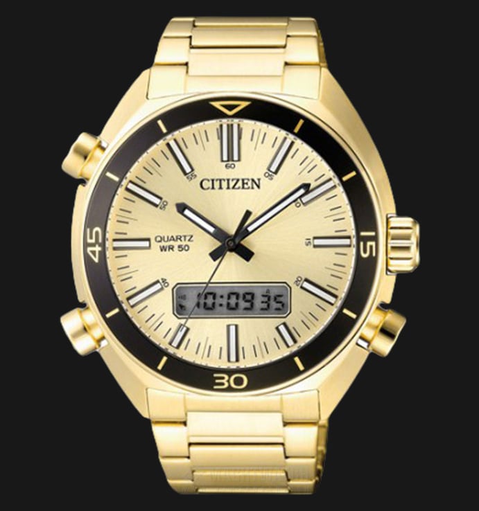 Citizen Sport JM5462-56P Chronograph Men Gold Digital Analog Dial Gold Stainless Steel Strap