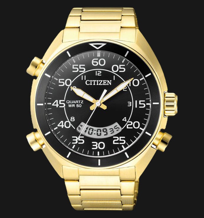 Citizen Sport JM5472-52E Chronograph Men Black Digital Analog Dial Gold Stainless Steel Strap