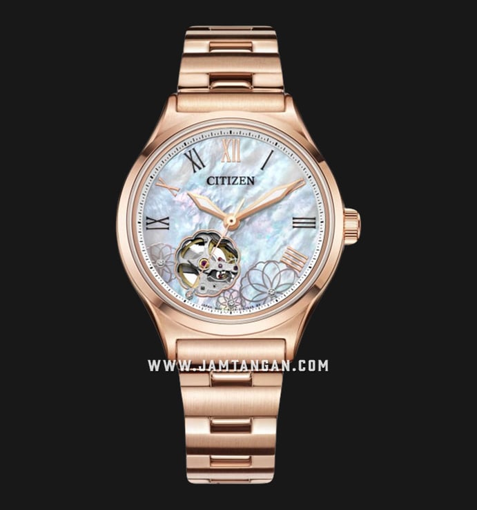 Citizen Mechanical PC1007-81D Open Heart Mother of Pearl Dial Rose Gold Stainless Steel Strap