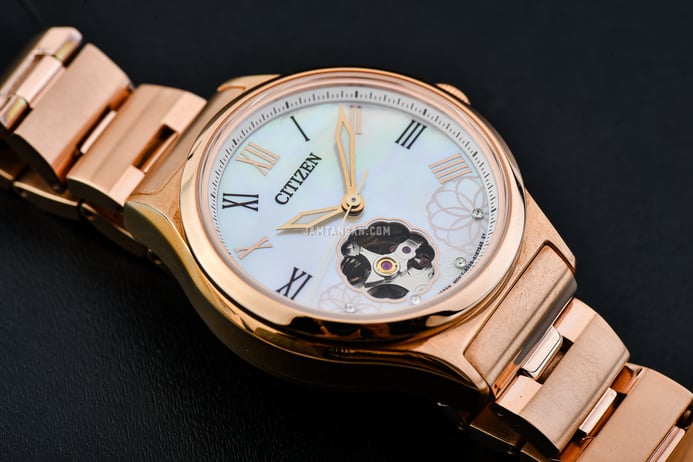 Citizen Mechanical PC1007-81D Open Heart Mother of Pearl Dial Rose Gold Stainless Steel Strap