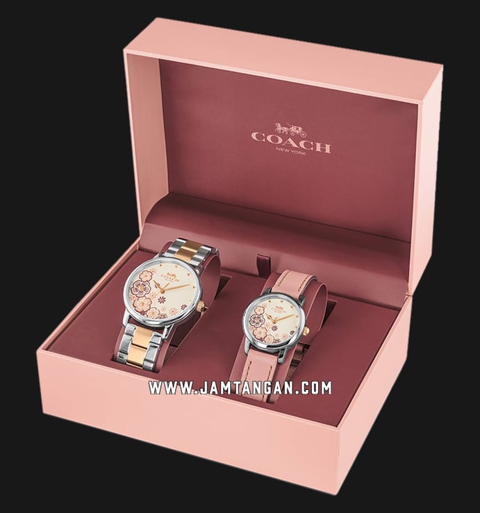 Coach Grand 14000060 SET Ladies Flower Pattern Beige Dial Stainless Steel And Leather Strap