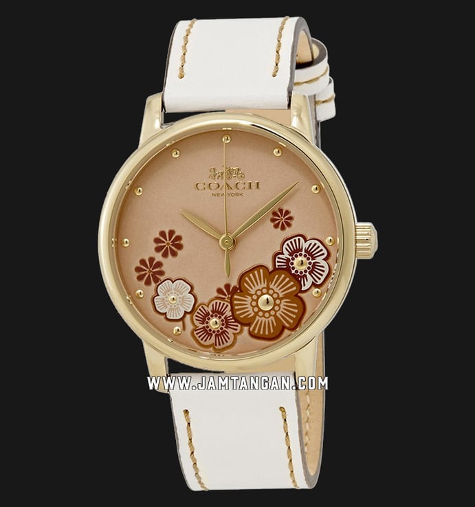 Coach 14503008 Grand Ladies Rose Gold Dial White Leather Strap