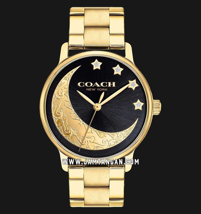 Coach Grand 14503278 Ladies Moon and Stars Black Dial Gold Stainless Steel Strap
