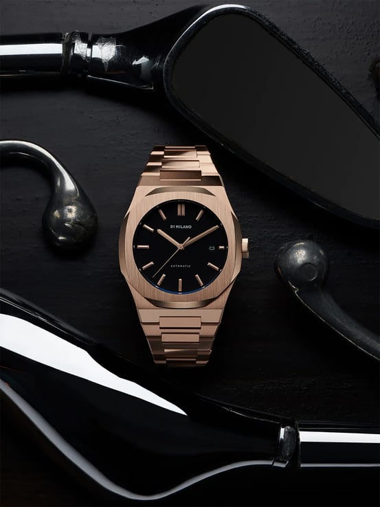 D1 Milano Mechanical D1-ATBJ03 Black Dial Rose Gold Stainless Steel Strap