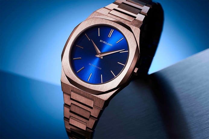 D1 Milano Ultra Thin D1-UTBL12 Petite Geo Blue Sunray Dial Rose Gold Stainless Steel Strap