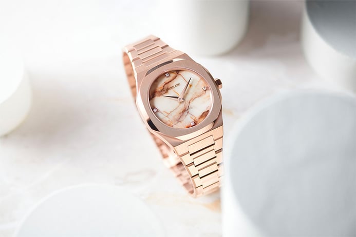 D1 Milano Ultra Thin D1-UTBL14 Pink and Gold Marble Patterns Dial Rose Gold Stainless Steel Strap